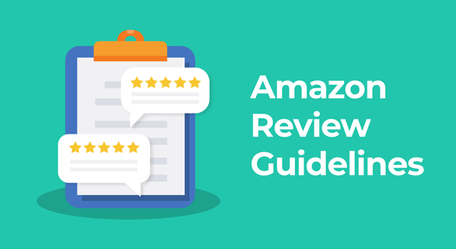 Teal background with text, "Amazon review guidelines"