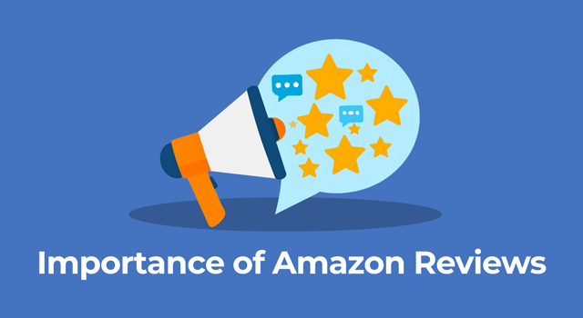 Illustration of a megaphone, comment bubble, and stars with text “Importance of Amazon Reviews”
