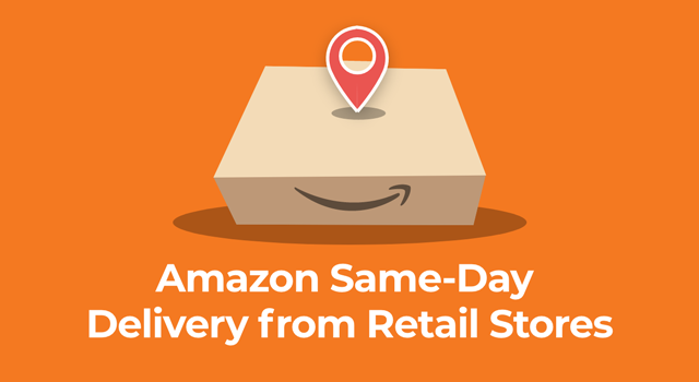 Location dot icon over an Amazon box with text, "Amazon same-day delivery from retail stores"