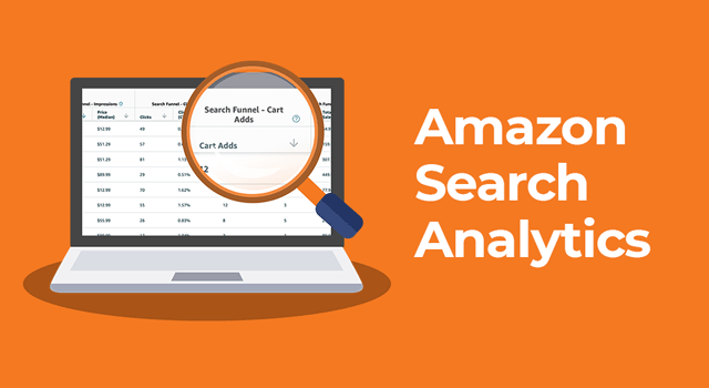 Magnifying glass over Amazon search analytics dashboard with text, 