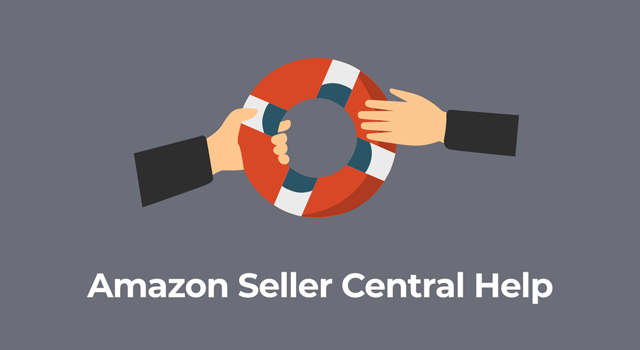 Illustration of two hands grabbing a life ring with text, "Amazon Seller Central help"