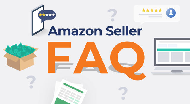 Box with money, Amazon review graphics, and computer with text, "Amazon seller FAQ"