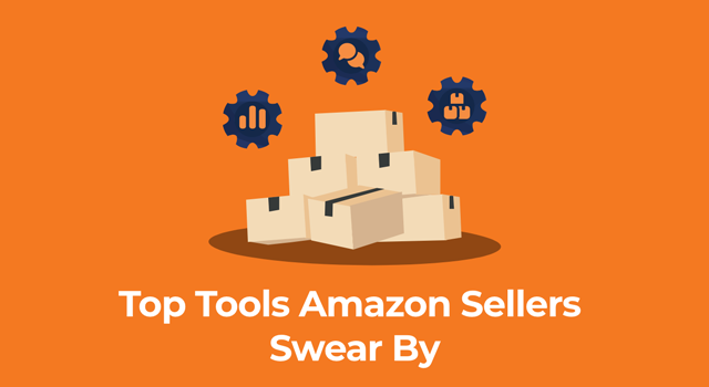 Illustration of stacked boxes surrounded by icons for gear and analytics, with the text “Top Tools Amazon Sellers Swear By”