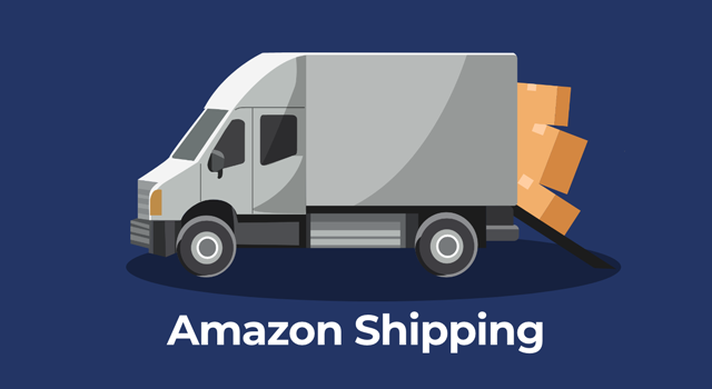 Blue background with an illustration of a truck and boxes with text, "Amazon Shipping"