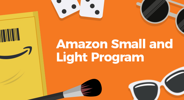 Amazon envelope with dice, sunglasses, and makeup brush with text, "Amazon Small and Light program"