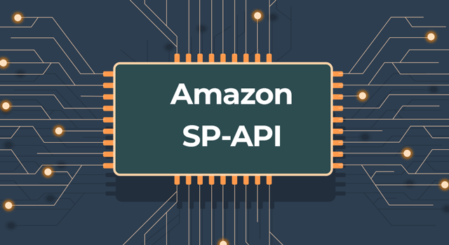 Illustration of a computer processor with text, "Amazon SP-API"