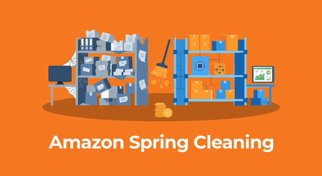 Illustration of an old inventory shelf transitioning to clean, organized shelves, with the text "Amazon Spring Cleaning."