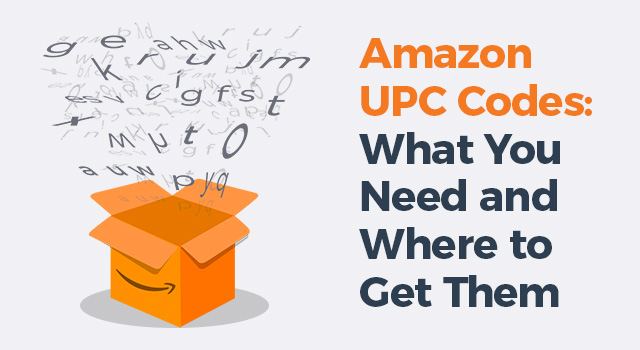 Amazon box with random letters flying out with text, "Amazon UPC codes: what you need and where to get them"