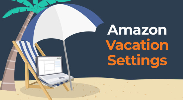 Laptop open to Amazon.com in a beach setting with text, "Amazon vacation settings"