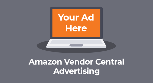 Computer with text, "Your ad here" above text "Amazon Vendor Central advertising"