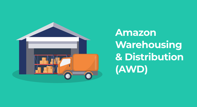 Warehouse, truck, and boxes with text, "Amazon Warehousing & Distribution (AWD)"