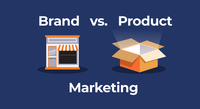 Storefront and Amazon box with text, "Brand vs. product marketing"