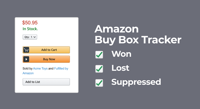 Amazon Buy Box illustration with text, "Amazon Buy Box tracker" and “Won, lost, suppressed”