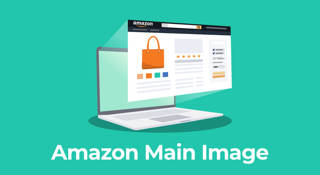 Amazon product listing page projecting off a computer screen with text, "Amazon main image"