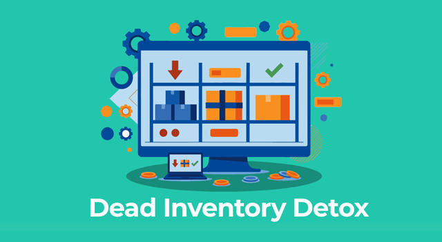 Illustration of three Amazon dead inventory strategies on a warehouse shelf, liquidate, bundle, and hold, with storage cost coins below, titled “Dead Inventory Detox.”