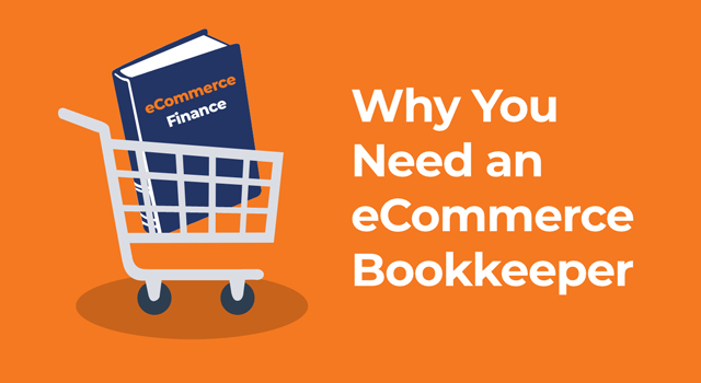 Shopping cart holding a finance book with text, "Why you need an eCommerce bookkeeper"