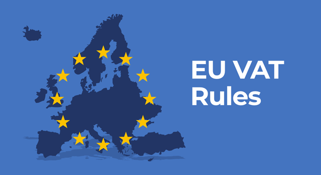 Illustration of map of Europe with stars and text, "EU VAT rules"