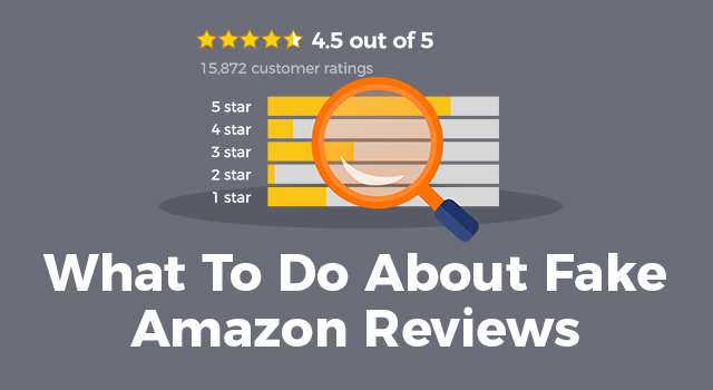 Amazon star ratings behind a magnifying glass and text, 