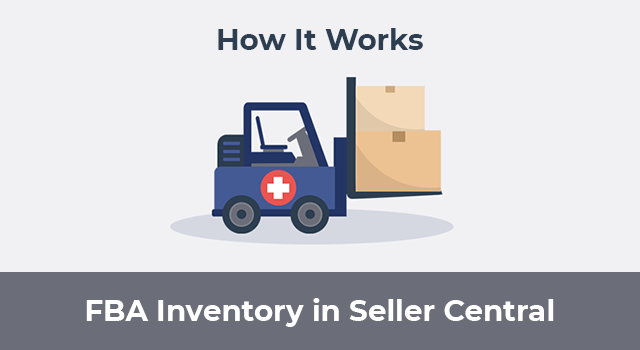 Forklift with plus sign moving boxes with text, "How it works: FBA Inventory in Seller Central"