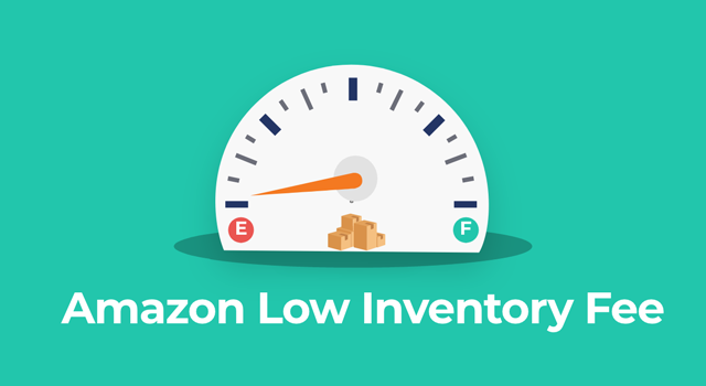 Illustration of gauge showing low inventory level with text, "FBA minimum inventory level metric"