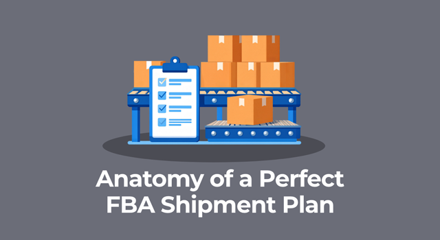Illustration of a conveyor belt with boxes and a checklist, featuring the text "Anatomy of a Perfect FBA Shipment Plan"