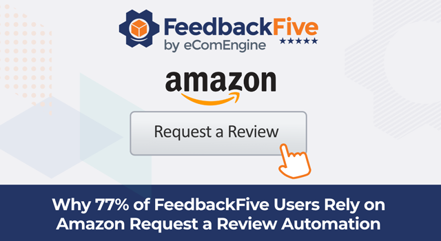 FeedbackFive logo above Amazon's Request a Review button illustration with text, "Why 77% of FeedbackFive users rely on Amazon Request a Review automation"