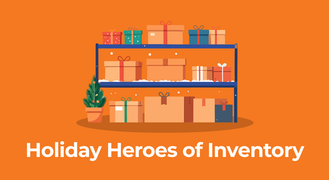 Holiday-themed illustration of stacked warehouse boxes with the title ‘Holiday Heroes of Inventory’ displayed on the graphic.