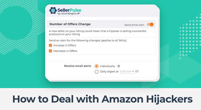 Number of offers change alert in FeedbackFive with text, "How to deal with Amazon hijackers"