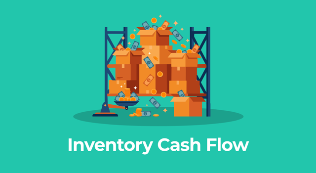 Inventory Cash Flow"Illustration of stacked inventory boxes with trapped cash and an empty wallet, titled "Inventory Cash Flow"