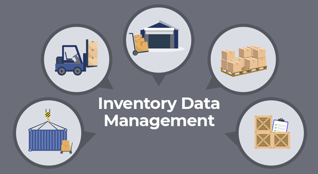Illustrations of pallets of boxes being moved around a warehouse with text, "Inventory data management"