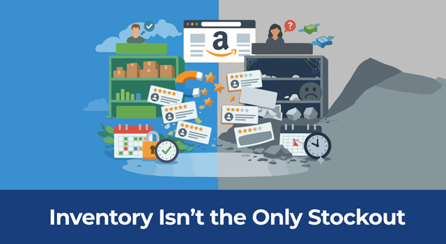 Illustration of an in-stock warehouse with boxes and reviews contrasted with an out-of-stock warehouse representing lost trust, with the text ‘Inventory Isn’t the Only Stockout.’