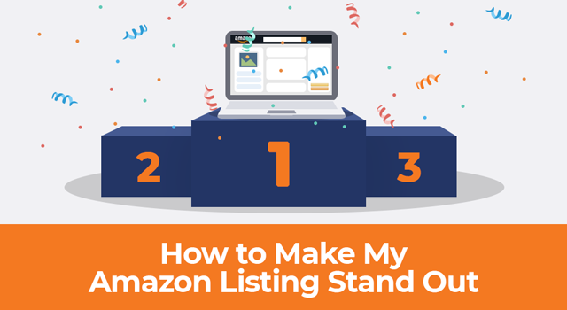 Laptop open to an Amazon product page on top of a podium with text, "How to make my Amazon listing stand out"
