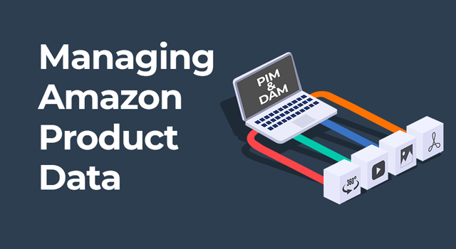 Computer with product and digital asset management icons with text, "Managing Amazon product data"