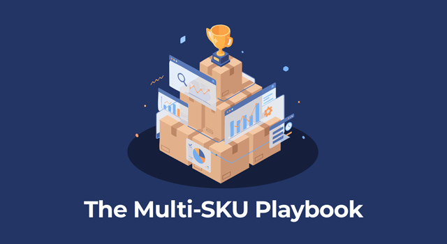 Illustration: Stacked boxes with graphs and a trophy, labeled "The Multi-SKU Playbook"