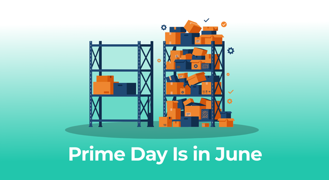 An illustration of an empty box shelf on one side and an overflowing box shelf on the other, with the text "Prime Day Is in June."