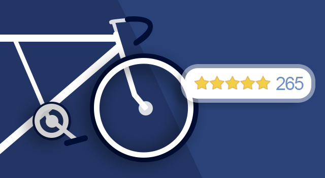 Illustration of a bicycle and five gold stars next to text, "265"