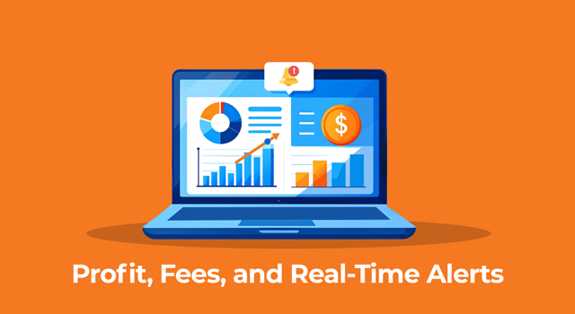 Illustration of a laptop displaying a chart, dollar sign, and alert notification with the text “Profit, Fees, and Real-Time Alerts
