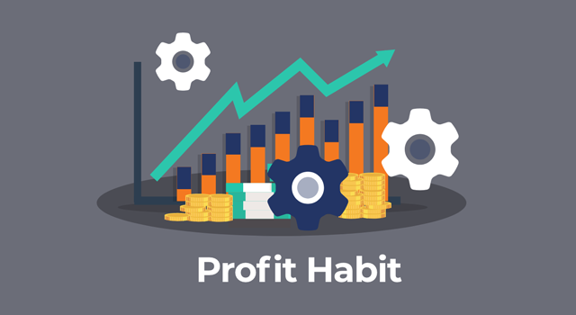 Illustration of a graph, gears, and coins with the text “Profit Habit”