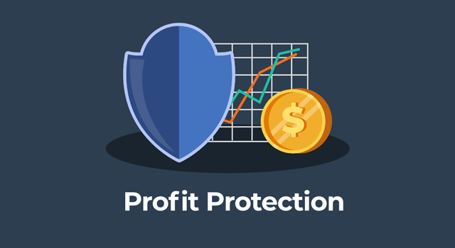 Illustration of a shield, chart, and coin with the text "Profit Protection"