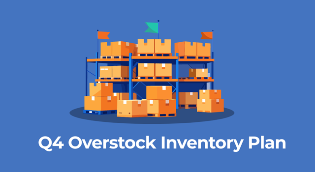 Illustration of stacked boxes with flags labeled ‘Q4 Overstock Inventory Plan.’