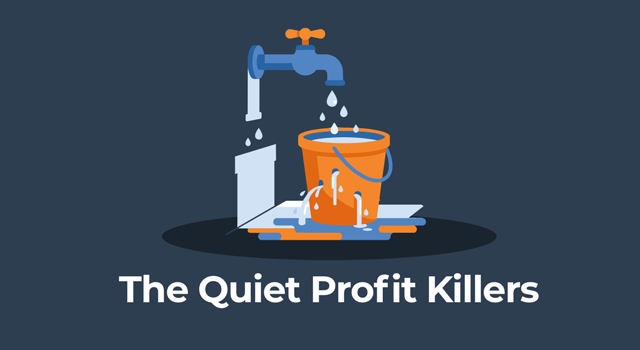 Illustration of a dripping faucet and a leaking bucket with the text "The Quiet Profit Killers"