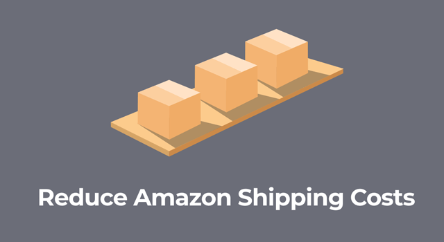 Illustration of boxes with text, "Reduce Amazon shipping costs"