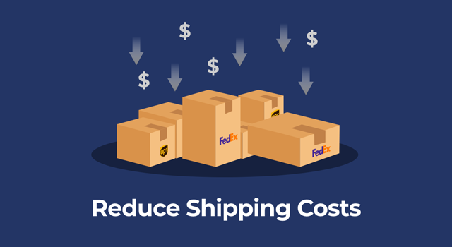 FedEx and UPS boxes below downward arrows and money signs with text, "Reduce shipping costs"