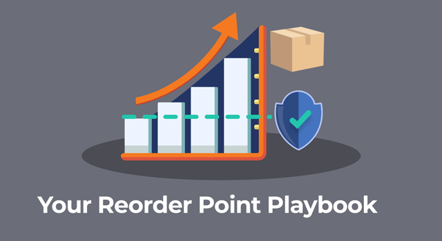 Amazon FBA reorder point illustrated with rising inventory bar chart, safety stock shield, and restocked box