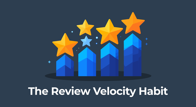 Illustration of star ratings in motion around the title “The Review Velocity Habit,” symbolizing Amazon review momentum