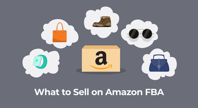 Amazon products positioned above an Amazon box with text, "What to sell on Amazon FBA"