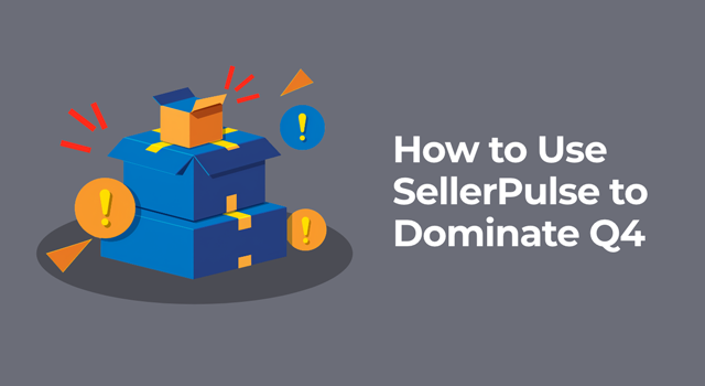 Illustration of stacked boxes with alert icons and the text “How to Use SellerPulse to Dominate Q4.”