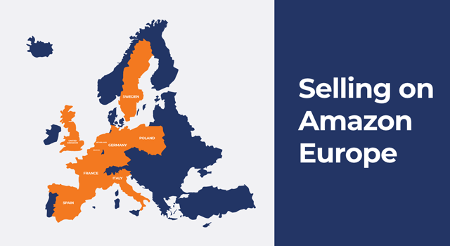 Illustration of map with Amazon Europe marketplaces with text, "Selling on Amazon Europe"