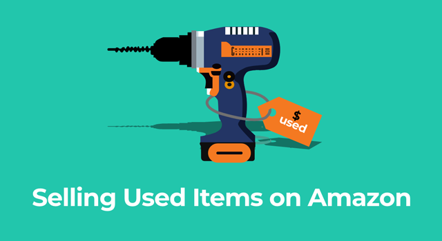 Illustration of a power drill with text, "Selling used items on Amazon"