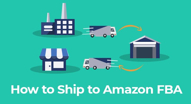 Illustration of Amazon FBA shipping and fulfillment process with text, "How to ship to Amazon FBA"